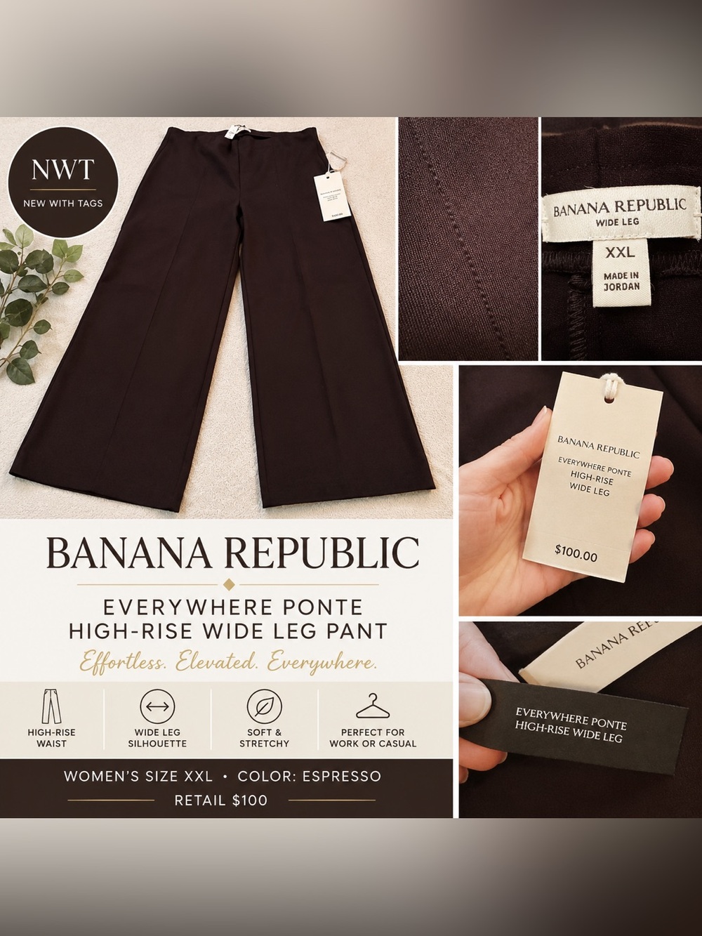 Banana Republic Espresso Wide-Leg Ponte Pants Size XXL